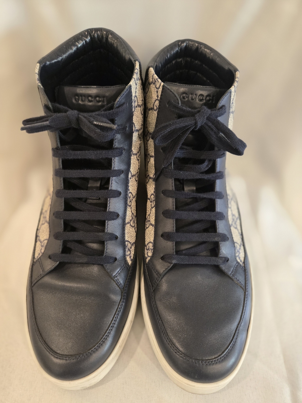 Gucci Men's Navy Leather & GG Canvas High-Top Sneakers